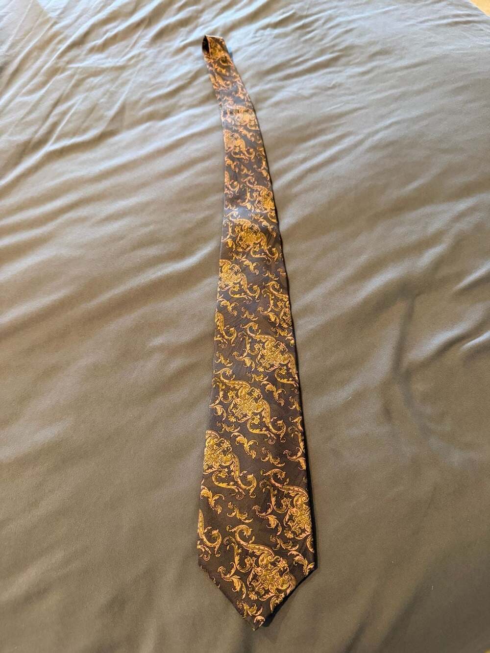 Christian Dior Monsieur Silk Tie Gold Scroll Damask Brown